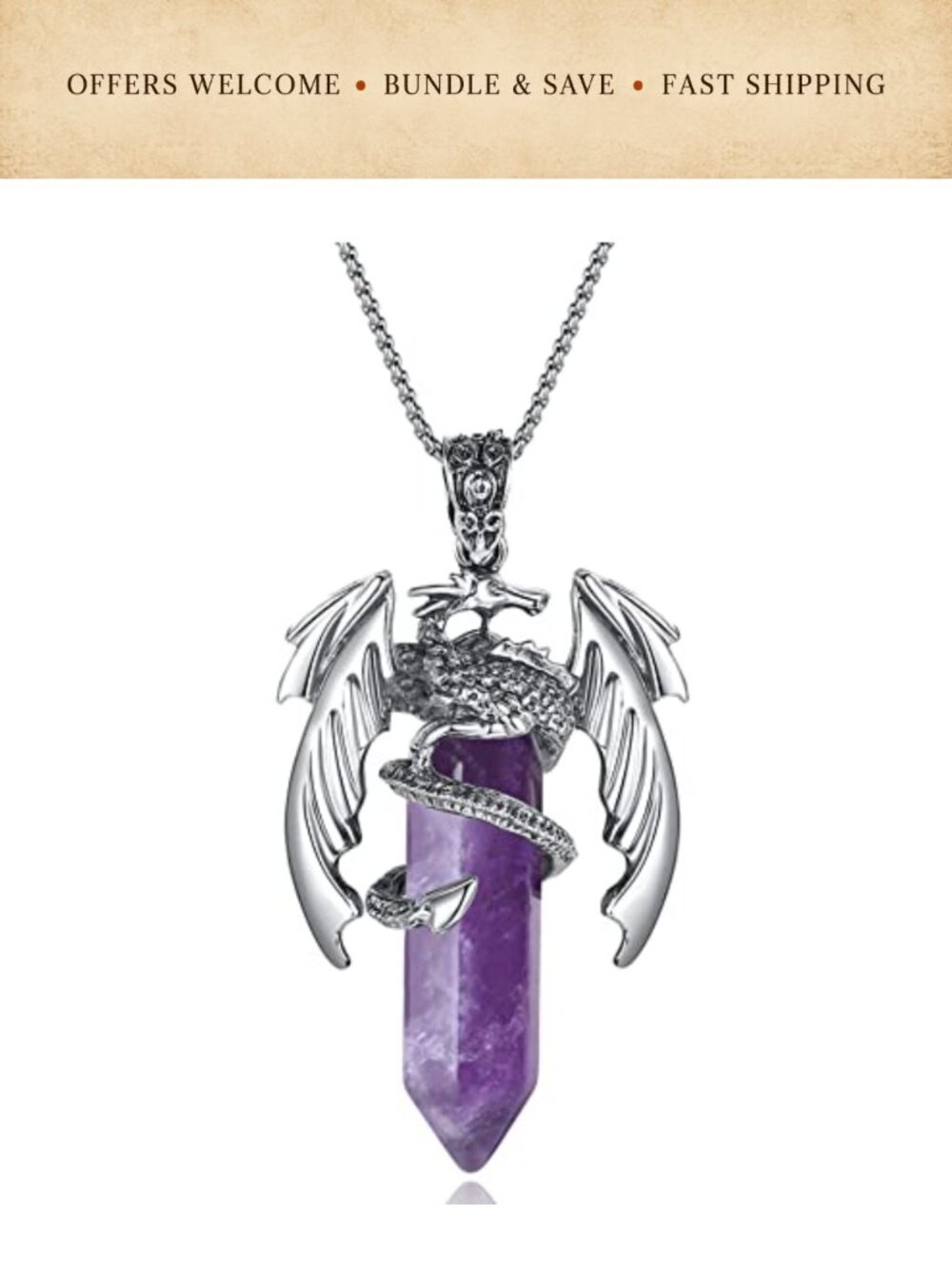 Dragon Pendant Necklace Amethyst Crystal Healing Quartz Gemstone Jewelry